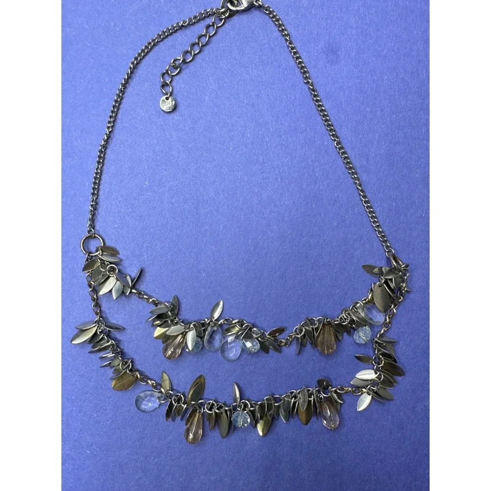 Ann Taylor Loft Necklace Bead Dangle Cha Cha Blue Silver Tone Double Strand